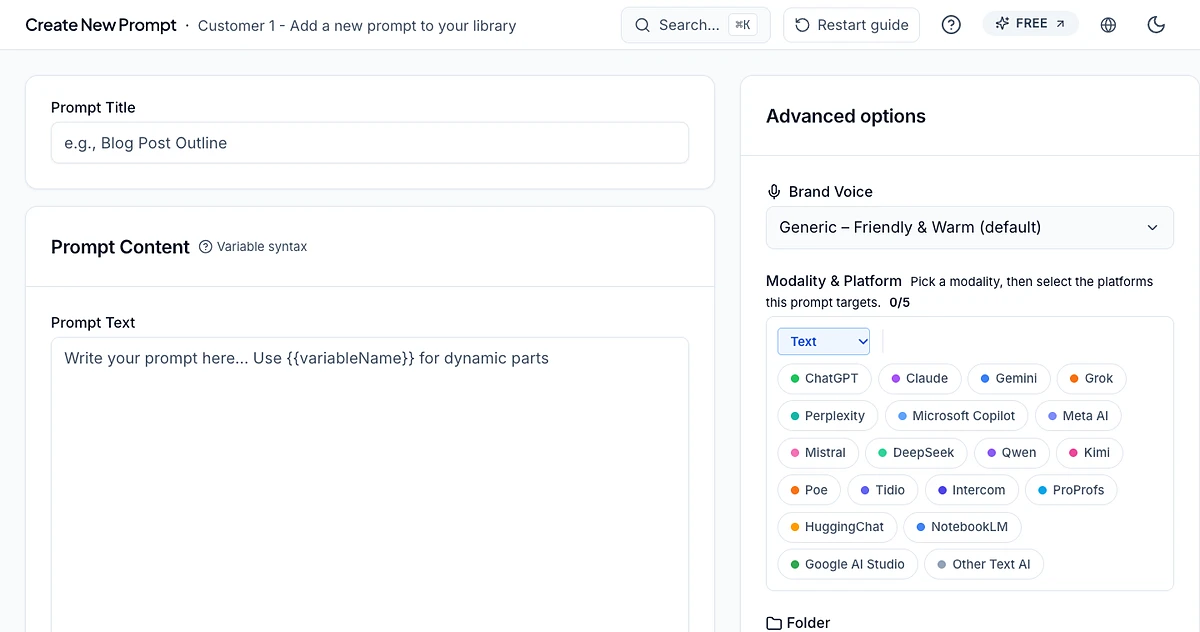 The Prompteam web app: creating a prompt with brand voice and multi-platform targeting