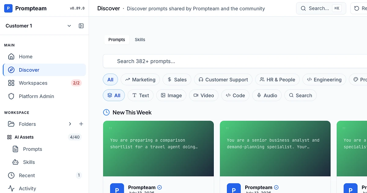 The Prompteam web app: Discover, the community prompt library