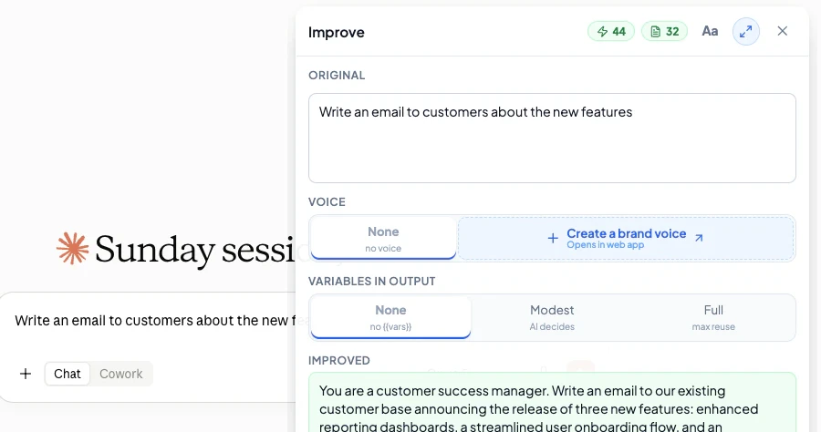 The Prompteam desktop app: the Improve window, before and after, inside Claude